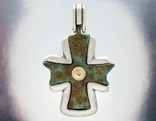Load image into Gallery viewer, Nouveau 1910 Byzantine Cross Pendant Framed in Sterling Silver and 18k Yellow Gold
