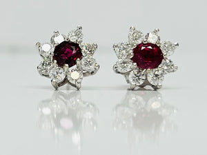 Flowery Ruby and Diamond Stud Earrings