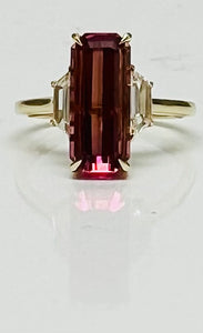 Mega Long Pink Tourmaline and Trapezoid Diamond Ring