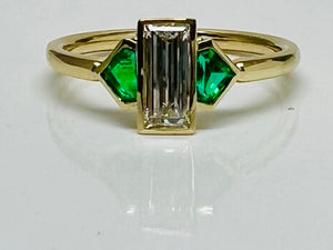 Baguette diamond and shield cut emerald ring in 14kyg