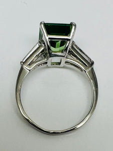 Timeless Vivid Chrome Tourmaline and Tapered Baguette Diamond Platinum Ring