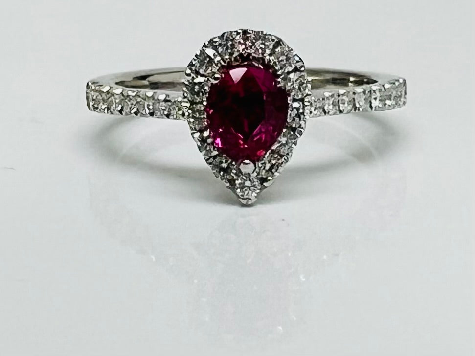 Vivid PearShape Ruby and Diamond Platinum Ring