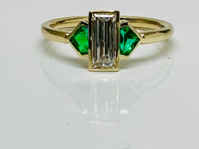 Load image into Gallery viewer, Baguette diamond and shield cut emerald ring in 14kyg
