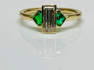 Baguette diamond and shield cut emerald ring in 14kyg