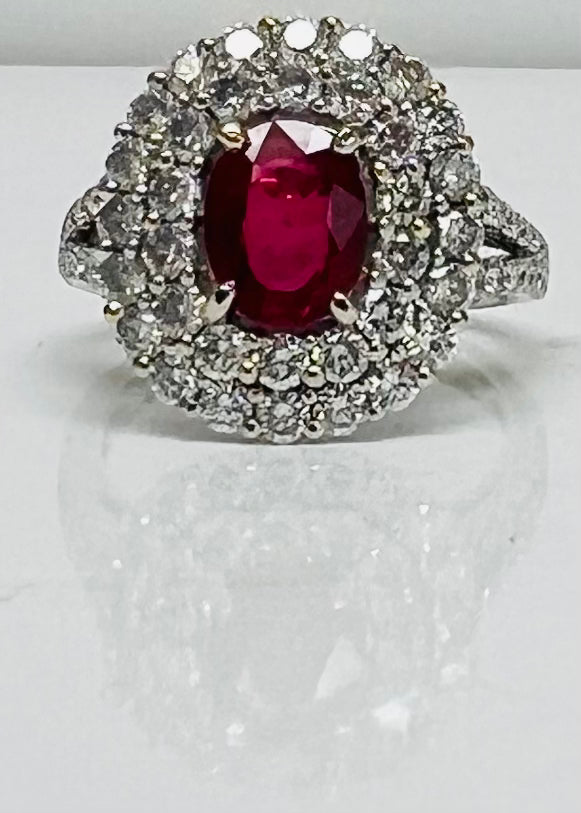 Vivid Red Ruby with Double Halo Diamond Ring
