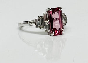 2ct Pink Spinel and Baguette Diamond Deco Style Ring in 14k White Gold