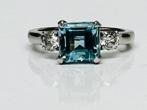 Classic 1.42ct Asscher Cut Aquamarine and Diamond Ring in Platinum