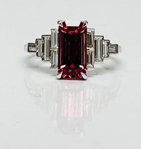 2ct Pink Spinel and Baguette Diamond Deco Style Ring in 14k White Gold