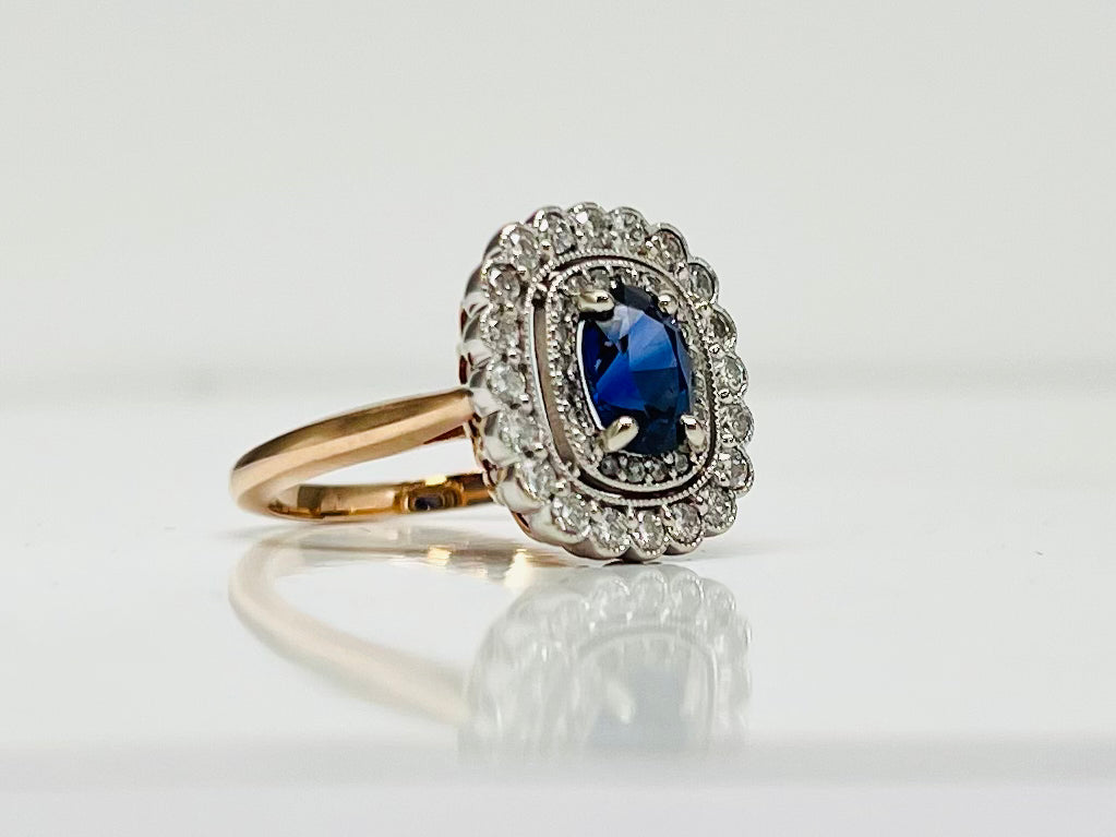 Vintage Style Sapphire and Diamond Double Halo Ring