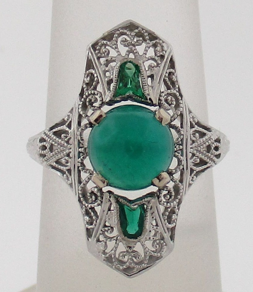 Antique Cabochon Emerald Filigree Ring in 18kt White Gold