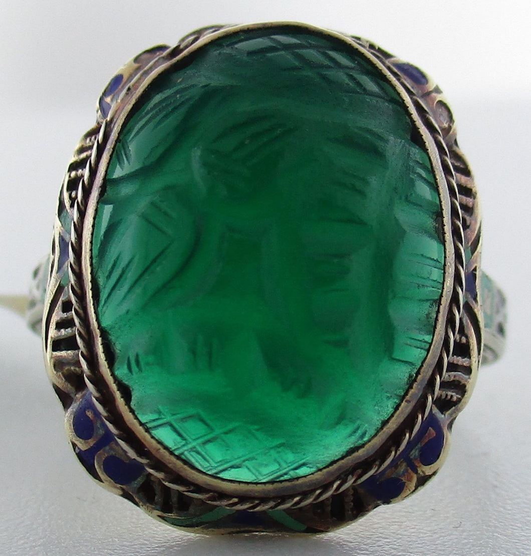 Antique Enameled Gold and Carved Gemstone Garden Fairy Ring