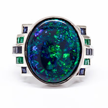 Load image into Gallery viewer, Deco Style Black Opal, Emerald, and Sapphire Ring
