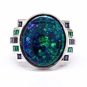 Deco Style Black Opal, Emerald, and Sapphire Ring