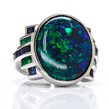 Load image into Gallery viewer, Deco Style Black Opal, Emerald, and Sapphire Ring
