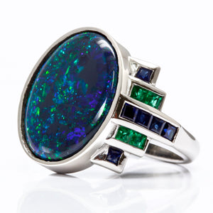 Deco Style Black Opal, Emerald, and Sapphire Ring