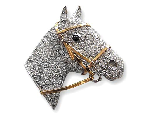 Handmade Platinum Diamond Horse Brooch with 18k Yellow Gold Bridal