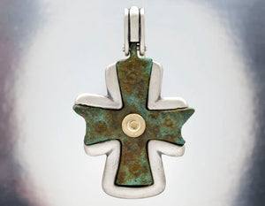 Nouveau 1910 Byzantine Cross Pendant Framed in Sterling Silver and 18k Yellow Gold