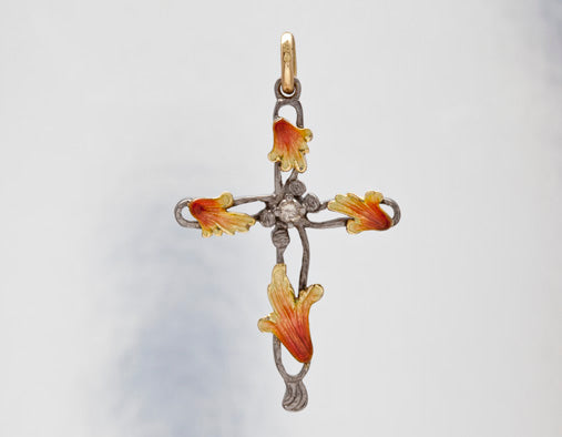 Nouveau 1910 Autumn Style Enameled Cross Pendant