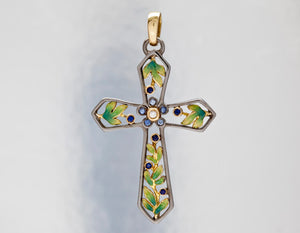 Nouveau 1910 Organic Sapphire, Diamond, and Enamel Cross Pendant