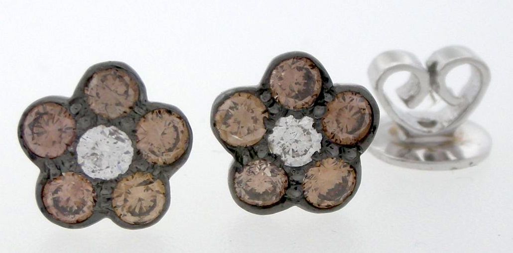 Bourbon Color Diamond Flower Studs in 18k White Gold