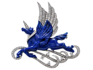Fantasy Lapis Pegasus and Diamond Brooch/Pendant in 18k White Gold