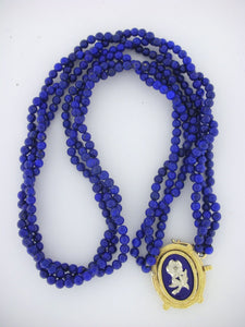Vintage 18k Yellow Gold Lapis Necklace with Diamond and Enamel Clasp