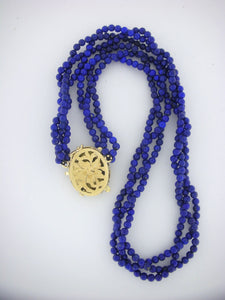 Vintage 18k Yellow Gold Lapis Necklace with Diamond and Enamel Clasp