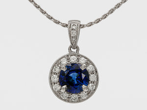 Platinum Bright Blue Sapphire Halo Pendant