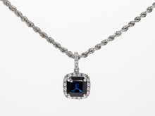 Load image into Gallery viewer, Brilliant Blue Square Sapphire and Diamond Halo Pendant
