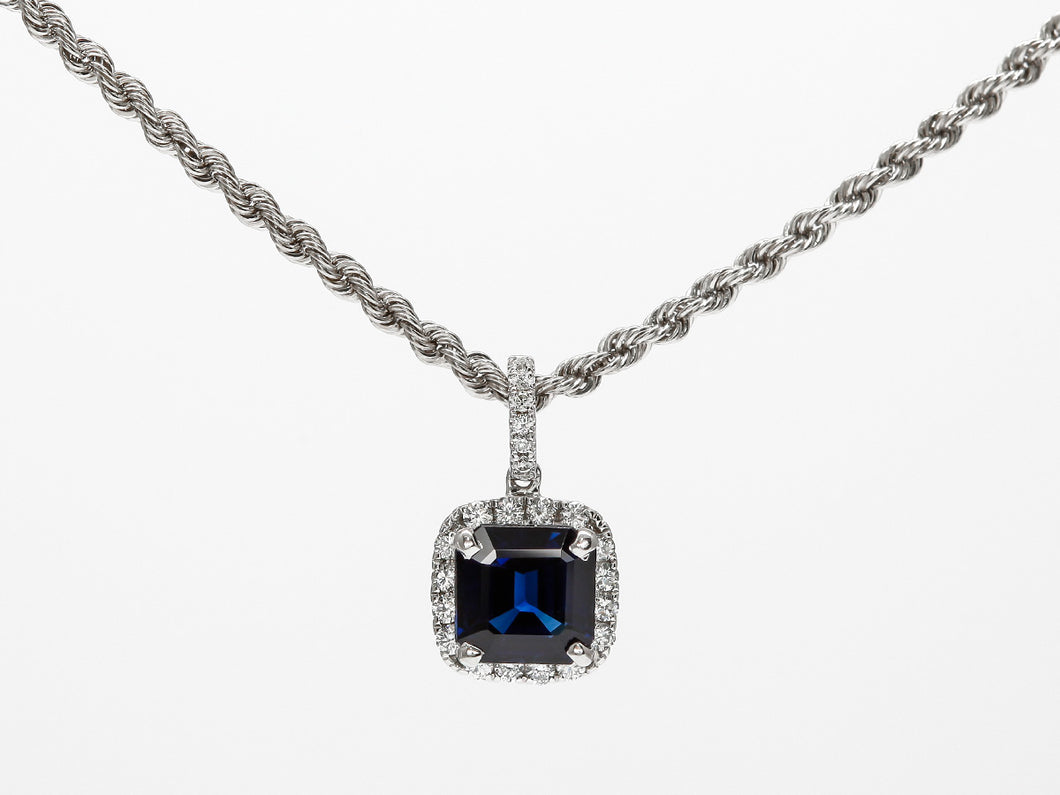 Brilliant Blue Square Sapphire and Diamond Halo Pendant