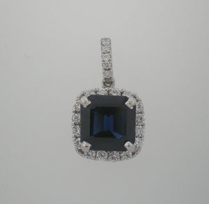 Brilliant Blue Square Sapphire and Diamond Halo Pendant