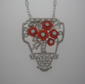 Antique Art Deco Coral and Diamond Bouquet Necklace in Platinum
