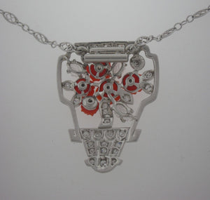Antique Art Deco Coral and Diamond Bouquet Necklace in Platinum
