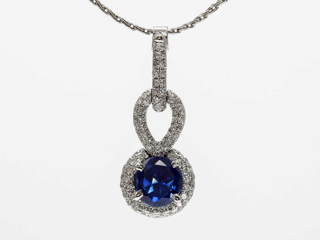 Pavé Diamond and Round Sapphire Pendant in 18k White Gold