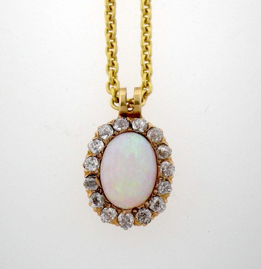 Antique 18k Yellow Gold Opal and Diamond Pendant