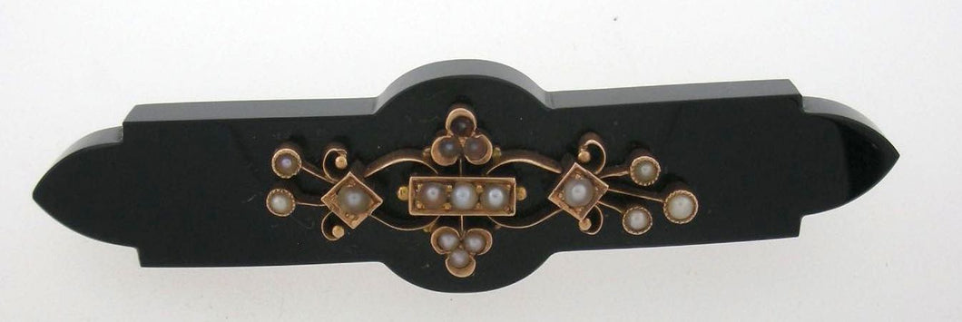 Antique Victorian Onyx and Natural Pearl Brooch