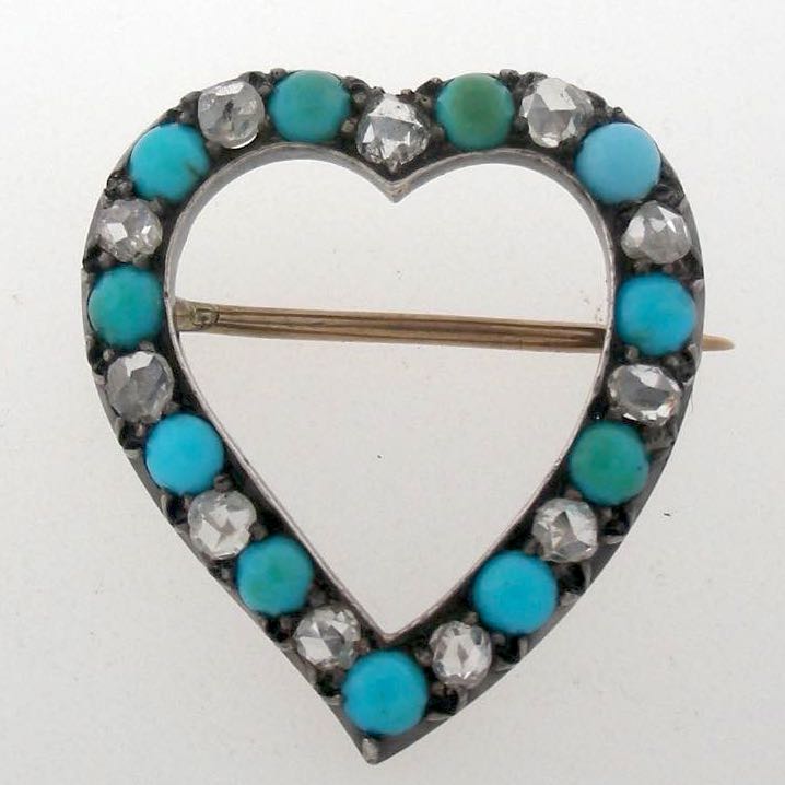 1840's Antique Georgian Diamond and Turquoise Heart Brooch