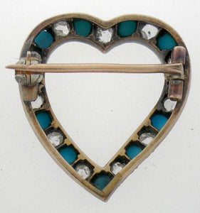 1840's Antique Georgian Diamond and Turquoise Heart Brooch