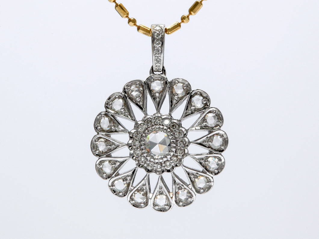 Vintage Style Rose Cut Diamond Pendant in 18k White Gold