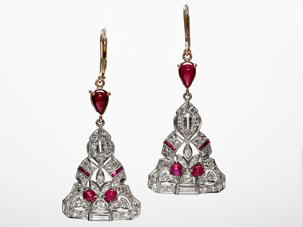 Antique Cab Ruby and Diamond Drop Earrings