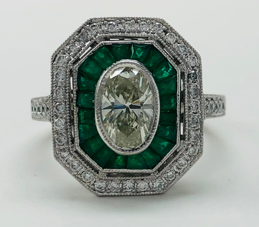 Vintage Style Oval Diamond And Emerald Platinum Ring – Seng Jewelers