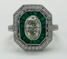 Load image into Gallery viewer, Vintage Style Oval Diamond And Emerald Platinum Ring
