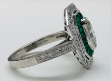 Load image into Gallery viewer, Vintage Style Oval Diamond And Emerald Platinum Ring
