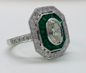 Vintage Style Oval Diamond And Emerald Platinum Ring