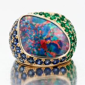Incredible 18kyg Black Opal Cigar Ring with Sapphires and Emeralds