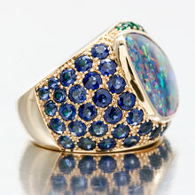 Load image into Gallery viewer, Incredible 18kyg Black Opal Cigar Ring with Sapphires and Emeralds
