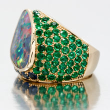 Load image into Gallery viewer, Incredible 18kyg Black Opal Cigar Ring with Sapphires and Emeralds
