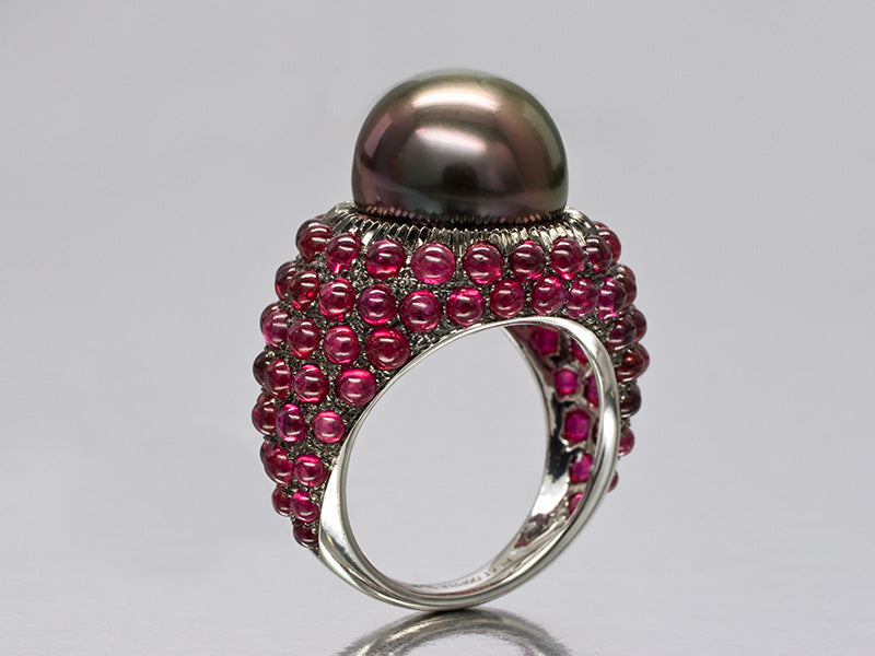 Outrageous Black Pearl and Ruby Bombay Ring