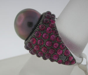 Outrageous Black Pearl and Ruby Bombay Ring