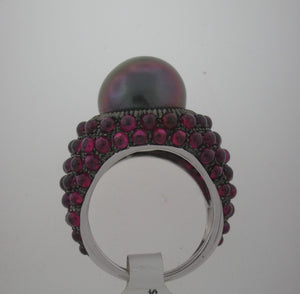 Outrageous Black Pearl and Ruby Bombay Ring